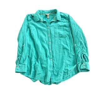 St. John’s Bay Teal Crinkle Cotton Button Down Roll Tab 2X